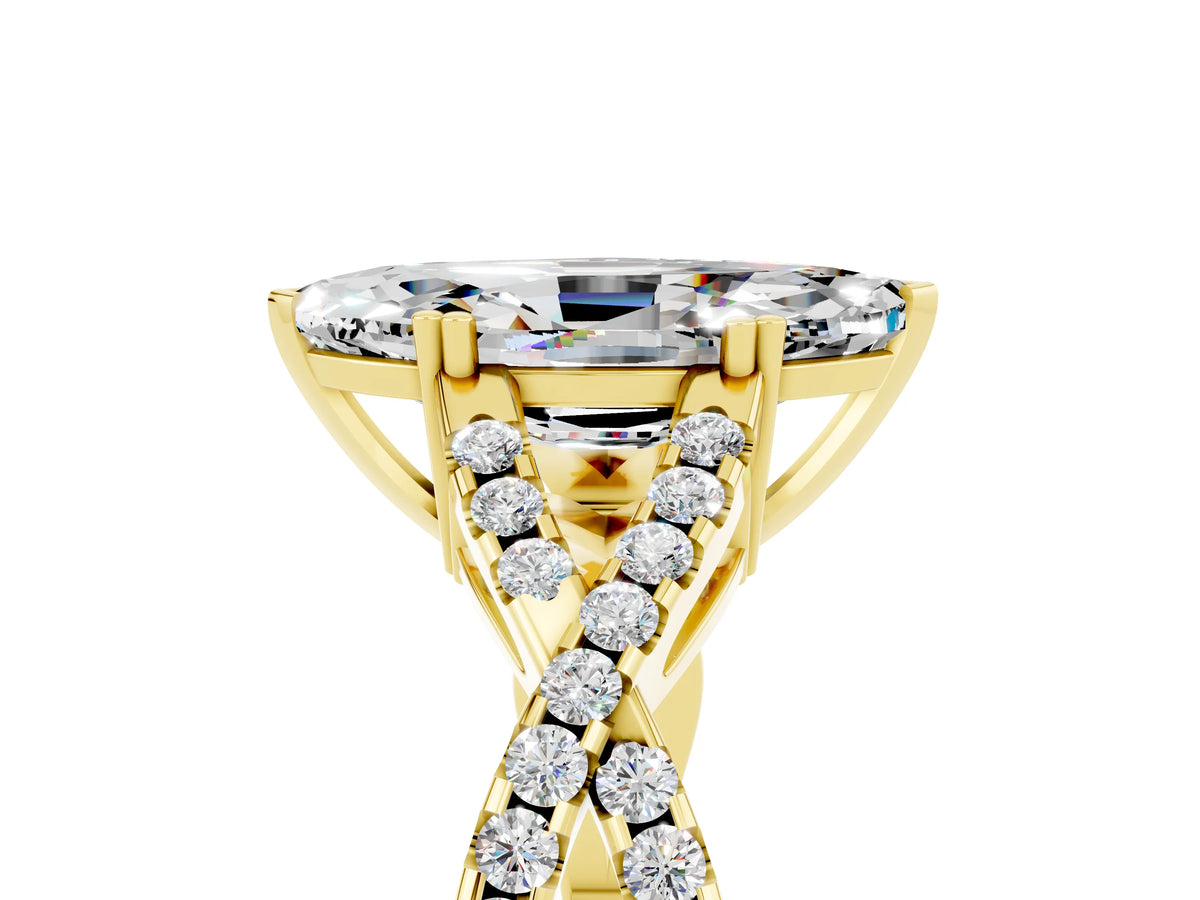 Marquise Cut Moissanite Solitaire Ring in Yellow gold with Interwoven Pavé Band and Prong Setting_5