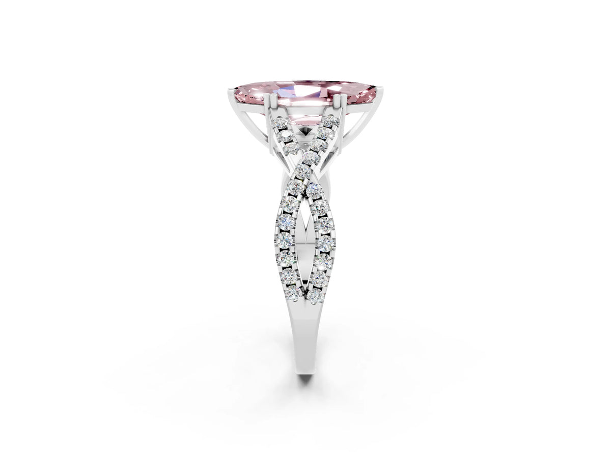 Marquise Cut Morganite Solitaire Ring in Platinum with Interwoven Pavé Band and Prong Setting_8