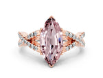 Marquise Cut Morganite Solitaire Ring in Rose gold with Interwoven Pavé Band and Prong Setting