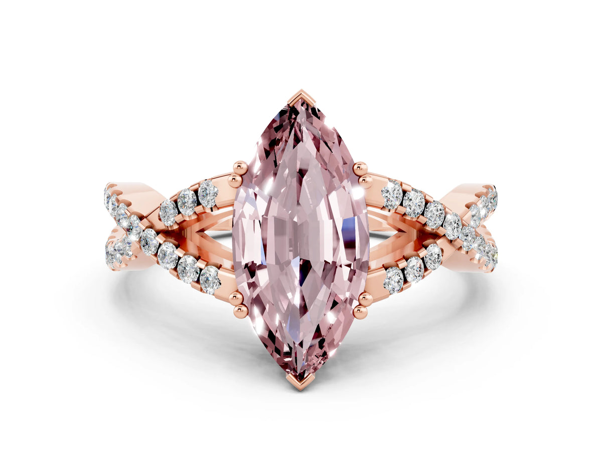 Marquise Cut Morganite Solitaire Ring in Rose gold with Interwoven Pavé Band and Prong Setting