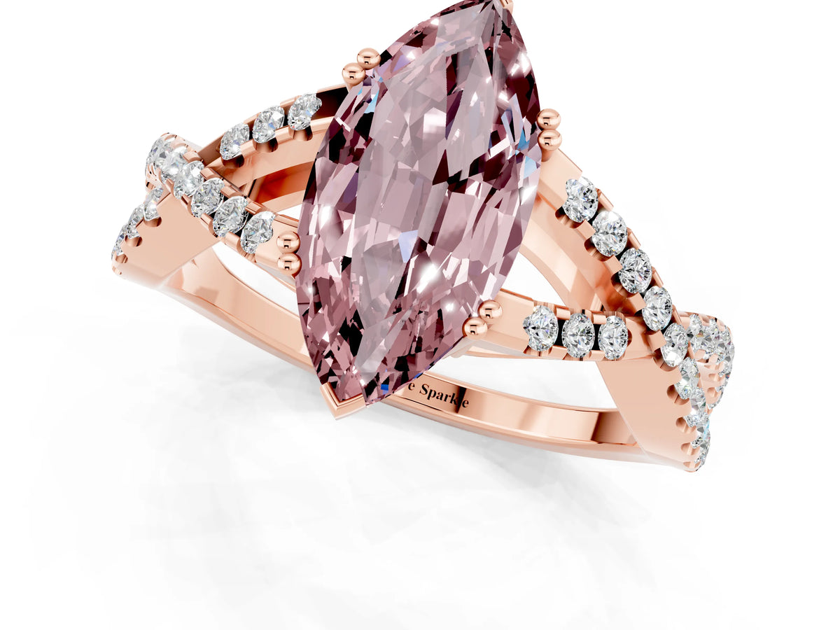 Marquise Cut Morganite Solitaire Ring in Rose gold with Interwoven Pavé Band and Prong Setting_1
