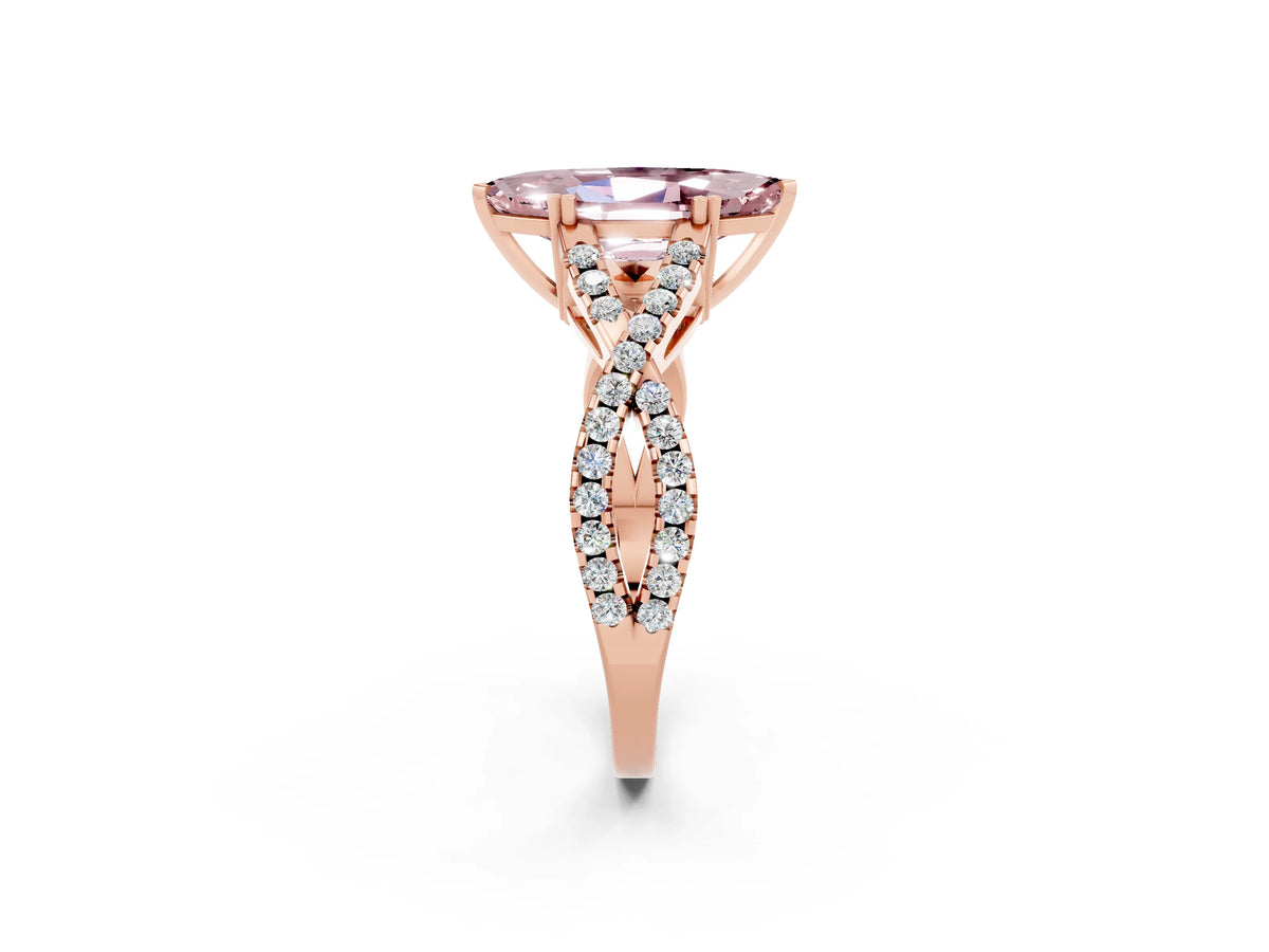 Marquise Cut Morganite Solitaire Ring in Rose gold with Interwoven Pavé Band and Prong Setting_2