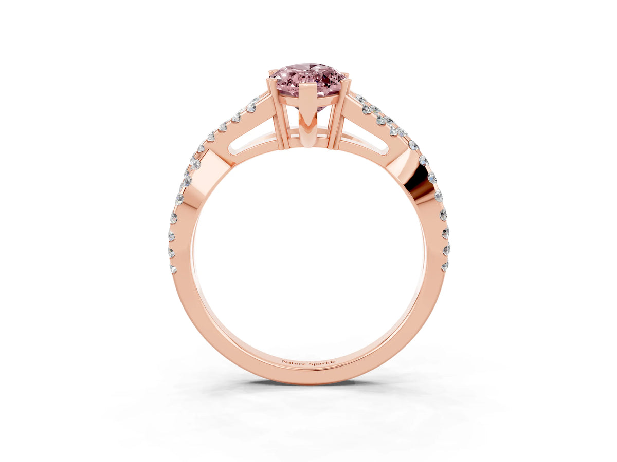 Marquise Cut Morganite Solitaire Ring in Rose gold with Interwoven Pavé Band and Prong Setting_3