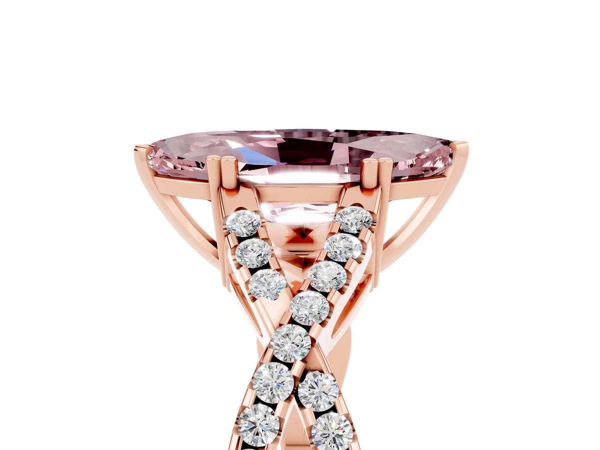 Marquise Cut Morganite Solitaire Ring in Rose gold with Interwoven Pavé Band and Prong Setting_5