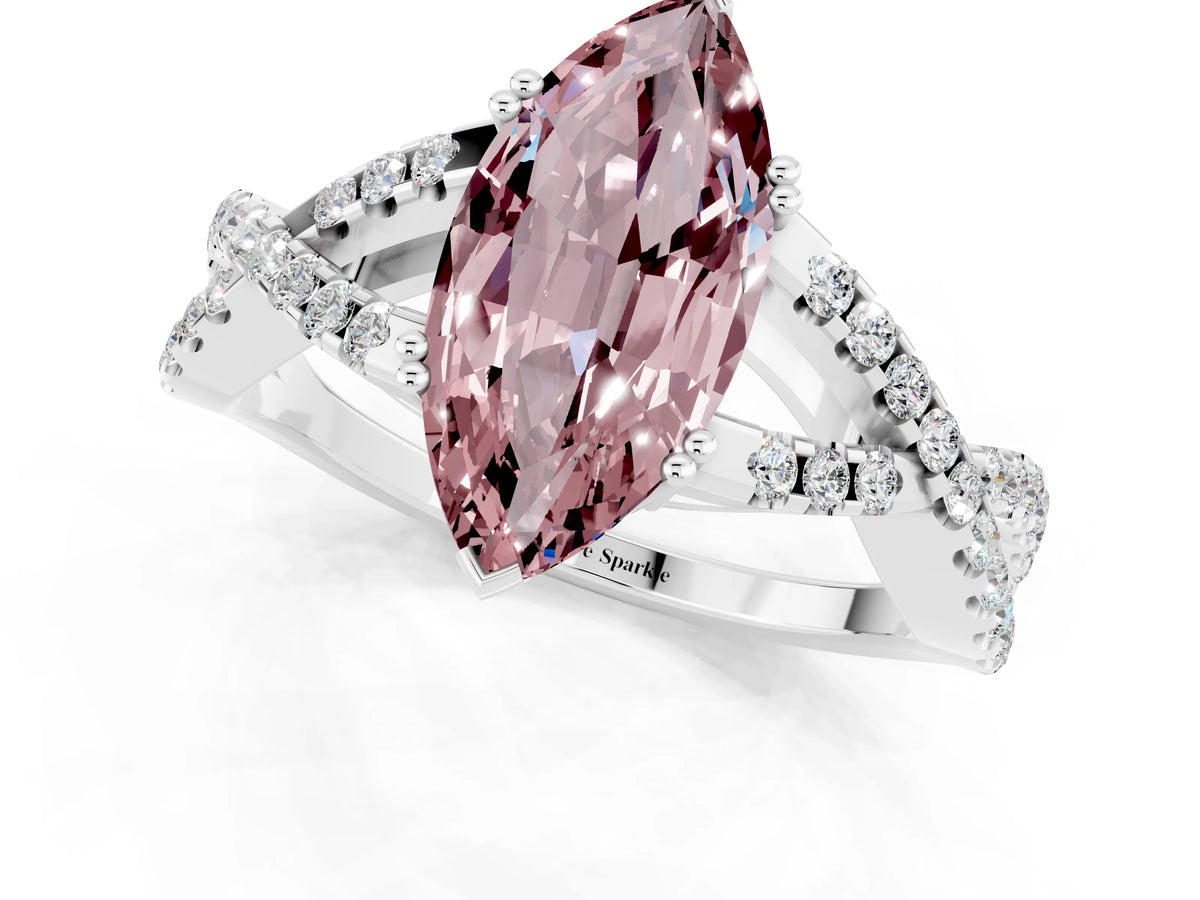 Marquise Cut Morganite Solitaire Ring in Silver with Interwoven Pavé Band and Prong Setting_7