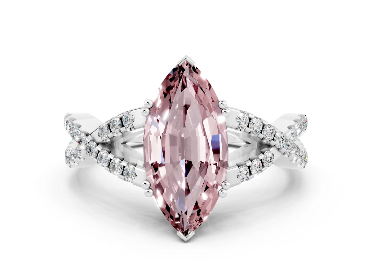 Marquise Cut Morganite Solitaire Ring in White gold with Interwoven Pavé Band and Prong Setting