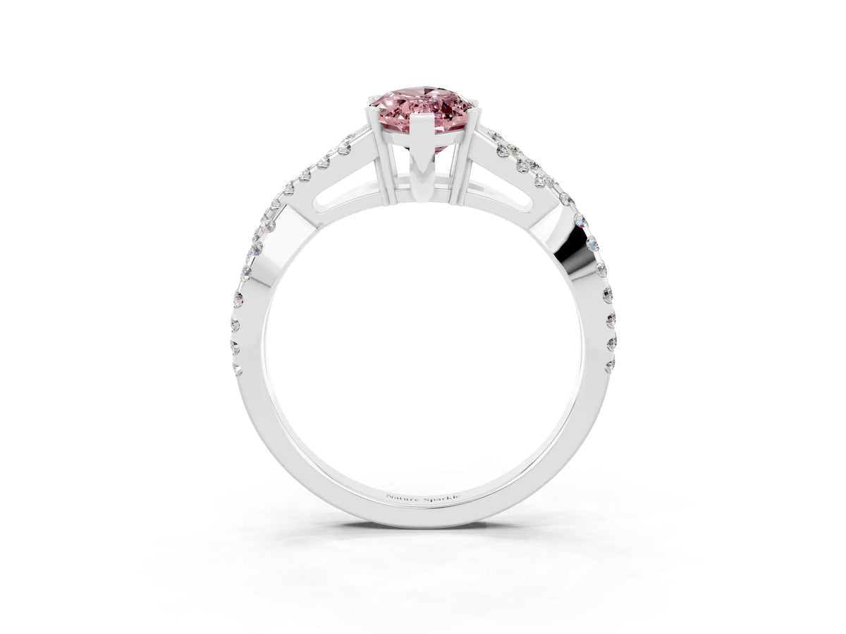 Marquise Cut Morganite Solitaire Ring in White gold with Interwoven Pavé Band and Prong Setting_3