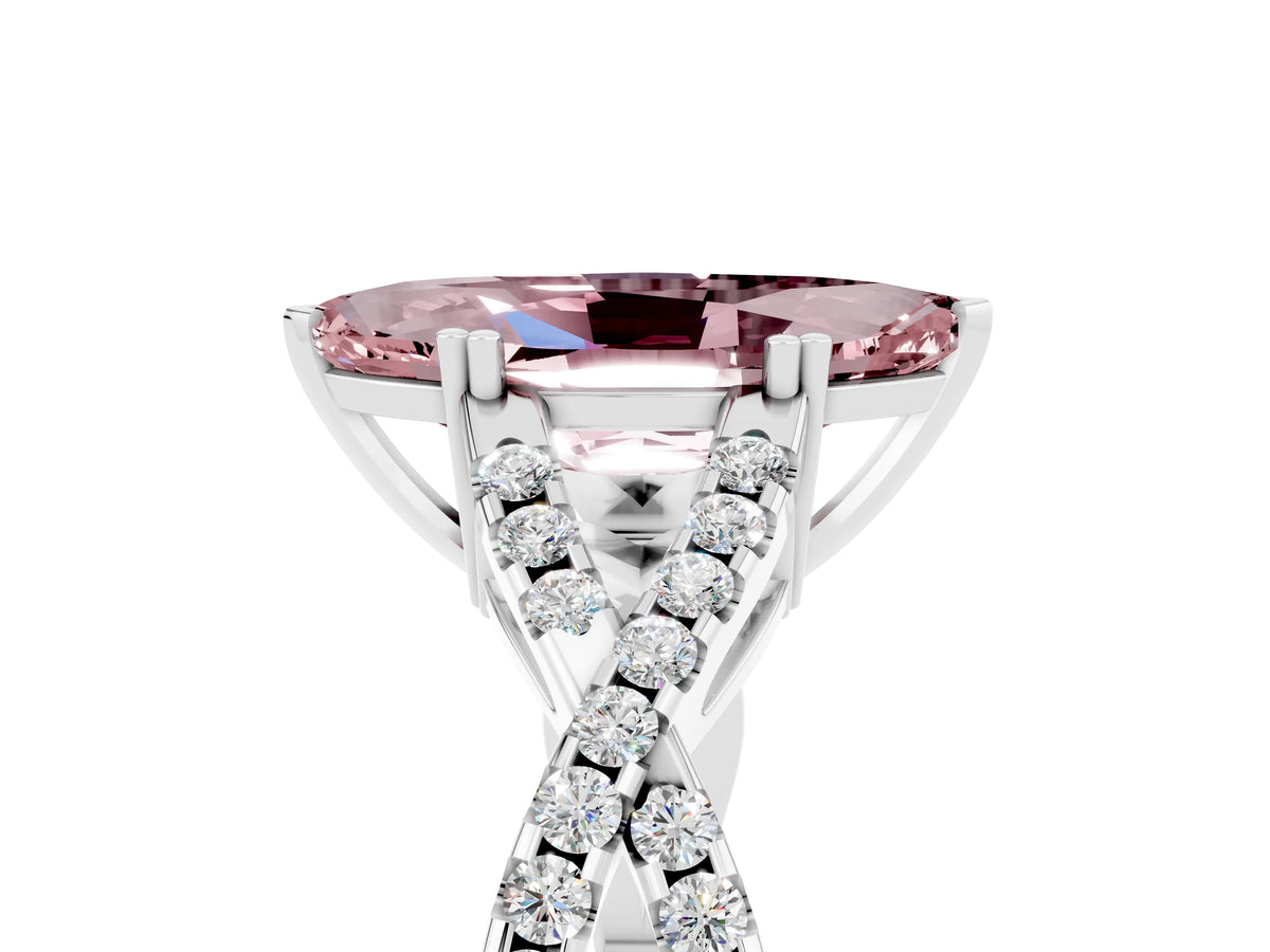 Marquise Cut Morganite Solitaire Ring in White gold with Interwoven Pavé Band and Prong Setting_5