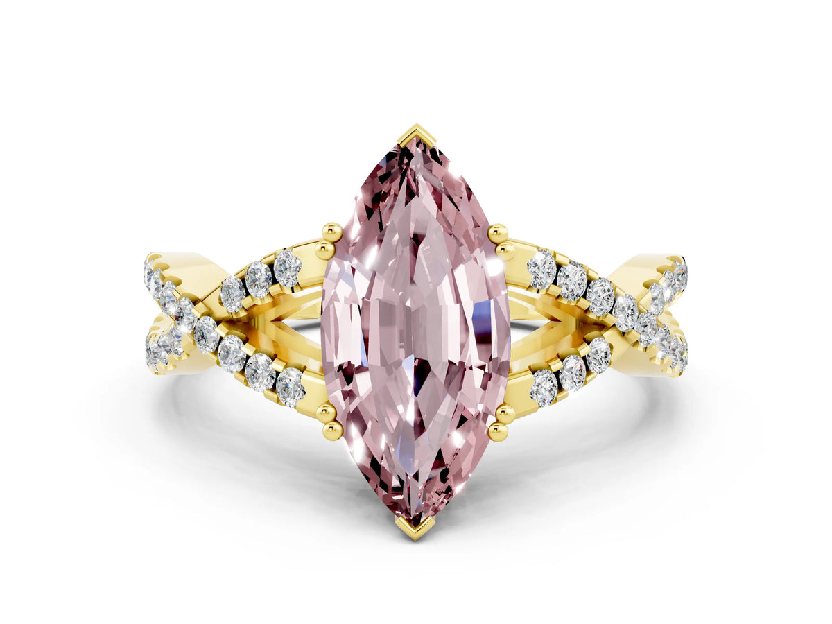 Marquise Cut Morganite Solitaire Ring in Yellow gold with Interwoven Pavé Band and Prong Setting