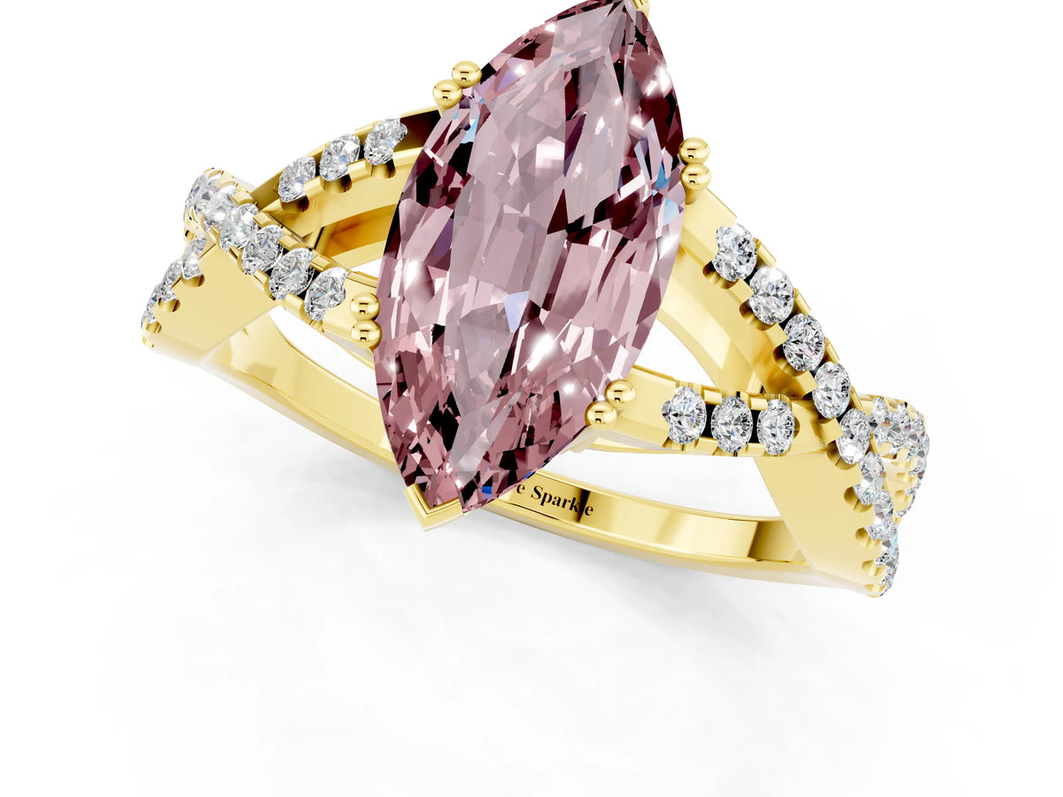 Marquise Cut Morganite Solitaire Ring in Yellow gold with Interwoven Pavé Band and Prong Setting_1