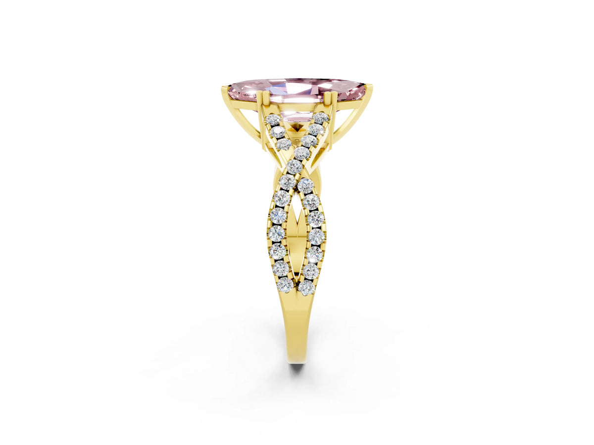 Marquise Cut Morganite Solitaire Ring in Yellow gold with Interwoven Pavé Band and Prong Setting_2