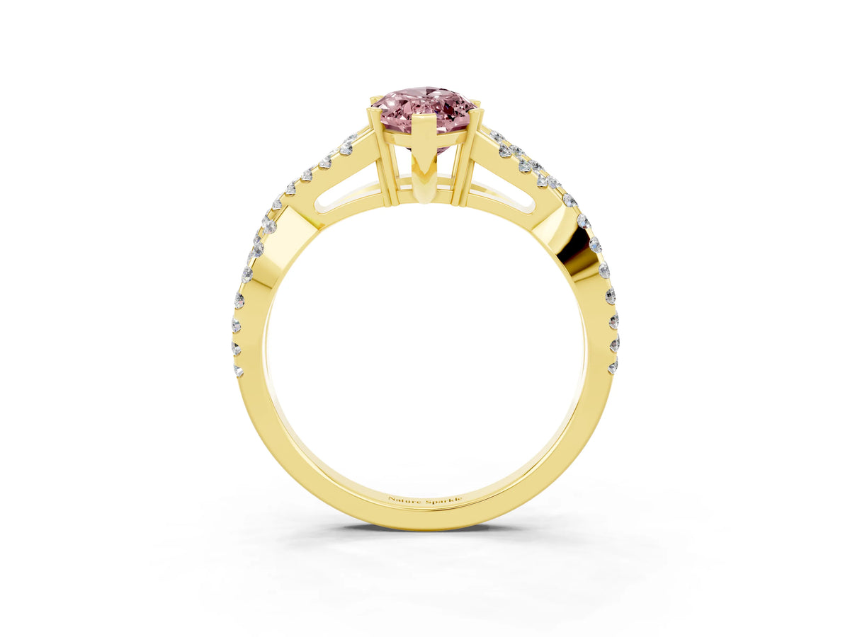 Marquise Cut Morganite Solitaire Ring in Yellow gold with Interwoven Pavé Band and Prong Setting_3