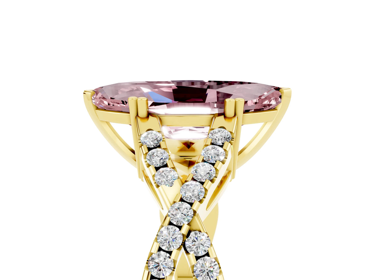 Marquise Cut Morganite Solitaire Ring in Yellow gold with Interwoven Pavé Band and Prong Setting_5