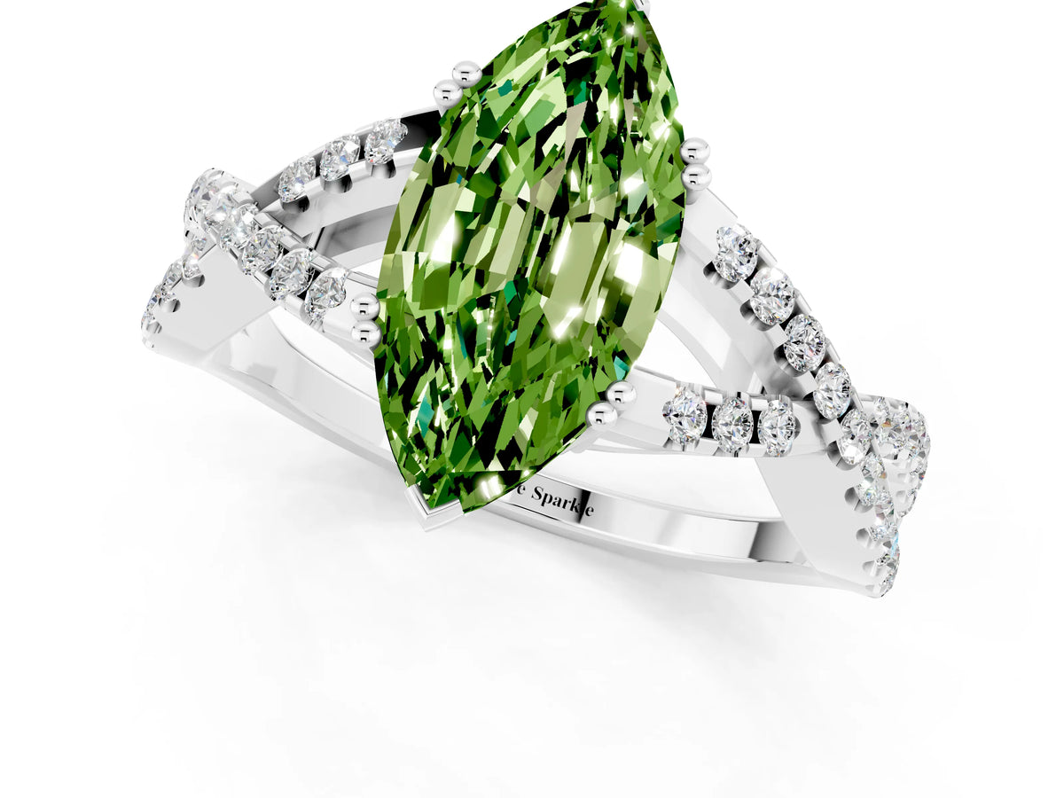 Marquise Cut Peridot Solitaire Ring in Platinum with Interwoven Pavé Band and Prong Setting_7