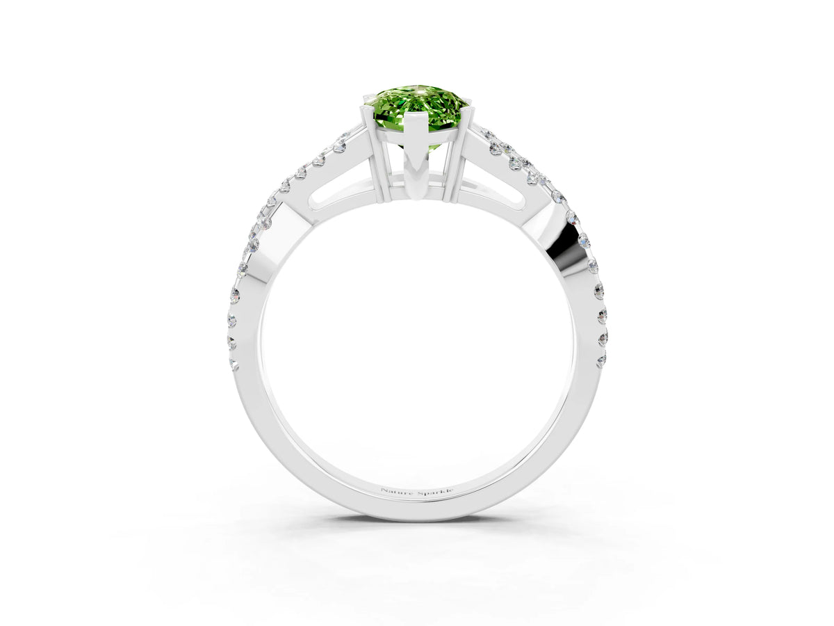 Marquise Cut Peridot Solitaire Ring in Platinum with Interwoven Pavé Band and Prong Setting_9