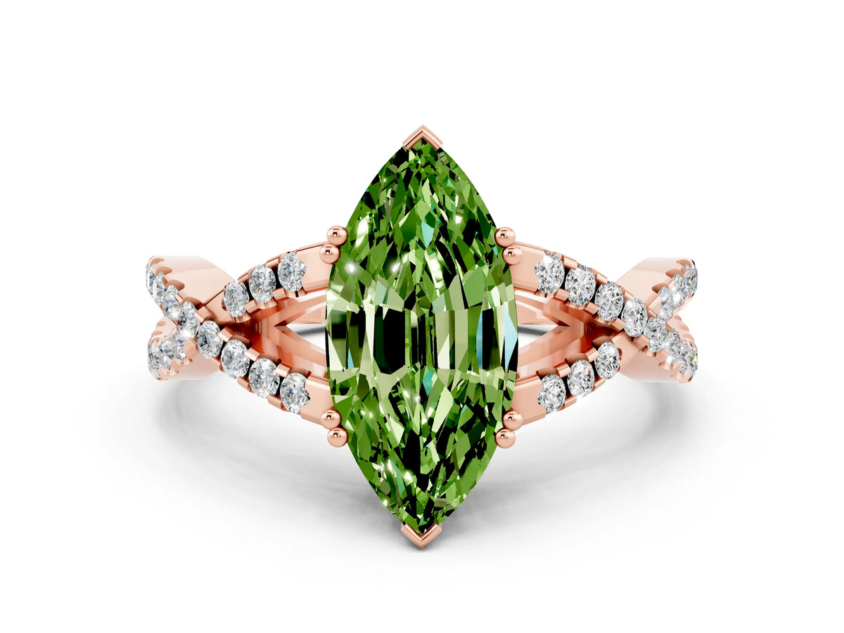 Marquise Cut Peridot Solitaire Ring in Rose gold with Interwoven Pavé Band and Prong Setting