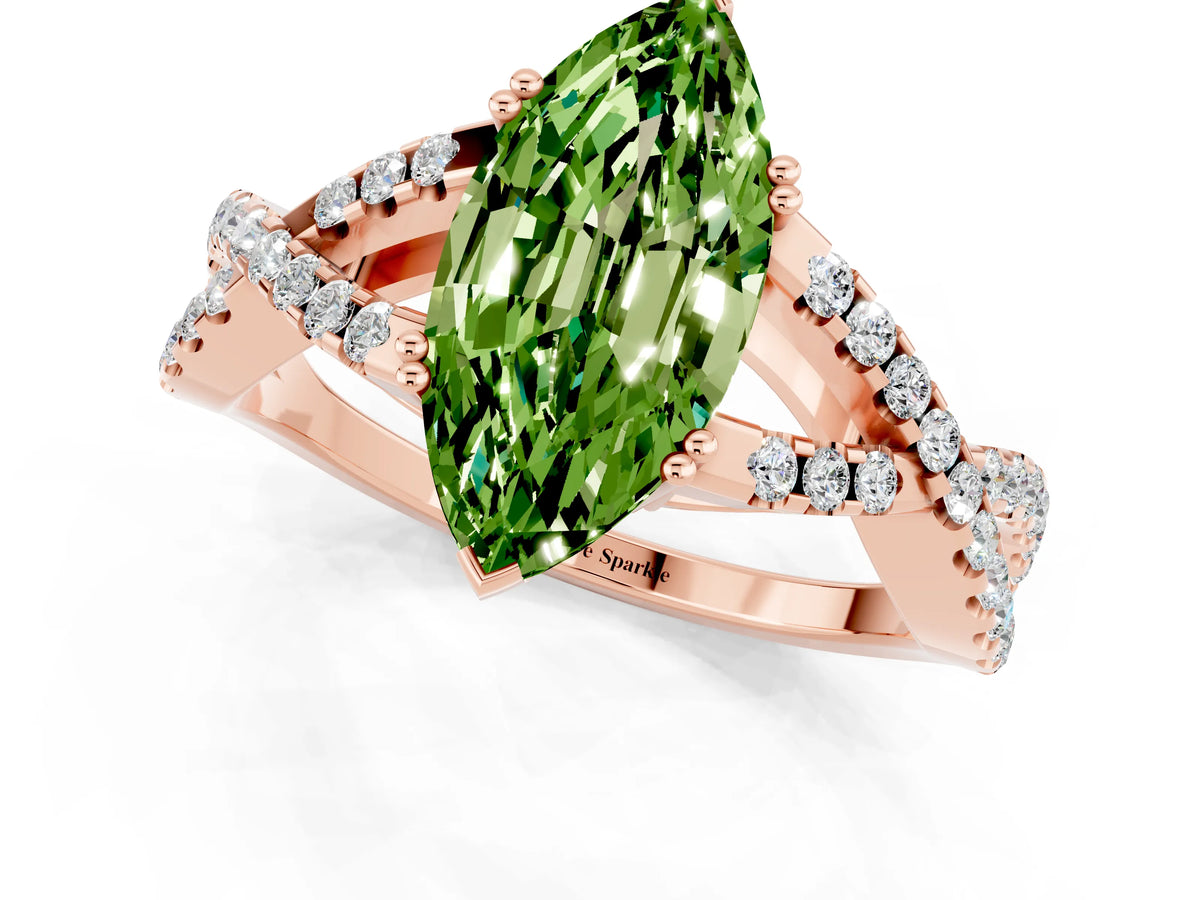 Marquise Cut Peridot Solitaire Ring in Rose gold with Interwoven Pavé Band and Prong Setting_1