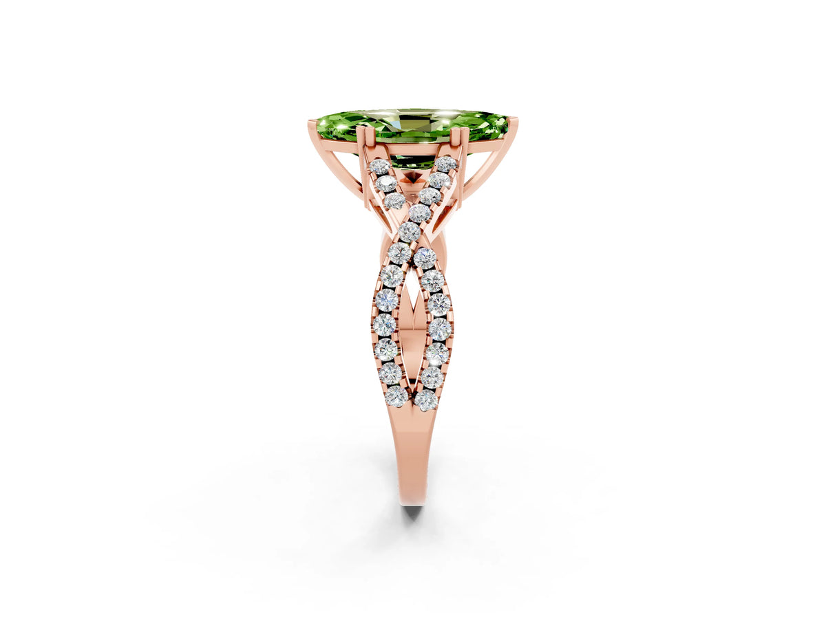Marquise Cut Peridot Solitaire Ring in Rose gold with Interwoven Pavé Band and Prong Setting_2