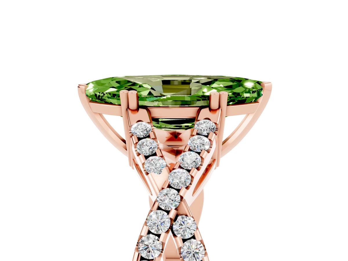 Marquise Cut Peridot Solitaire Ring in Rose gold with Interwoven Pavé Band and Prong Setting_5