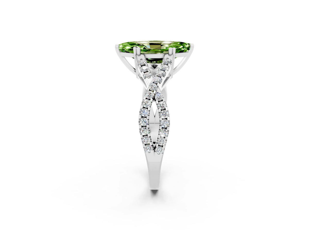 Marquise Cut Peridot Solitaire Ring in Silver with Interwoven Pavé Band and Prong Setting_8