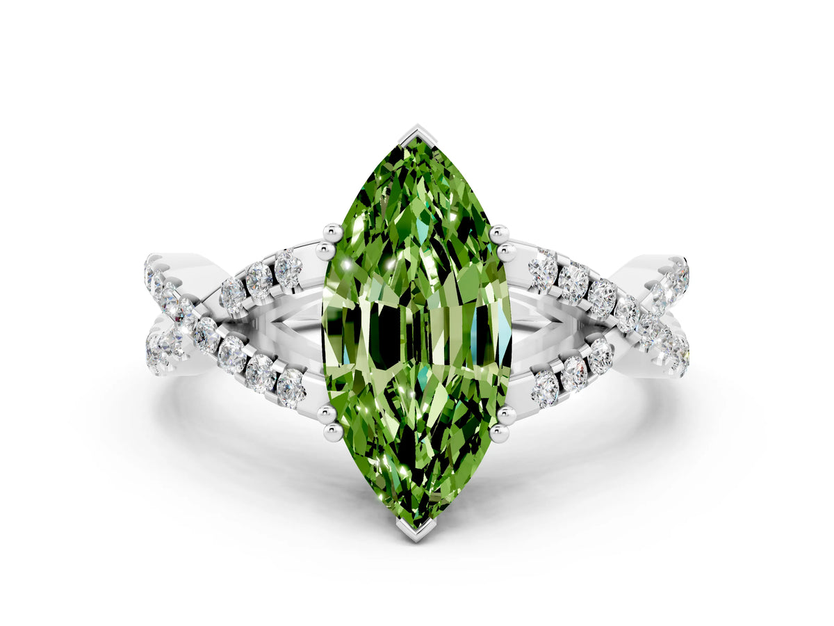 Marquise Cut Peridot Solitaire Ring in White gold with Interwoven Pavé Band and Prong Setting