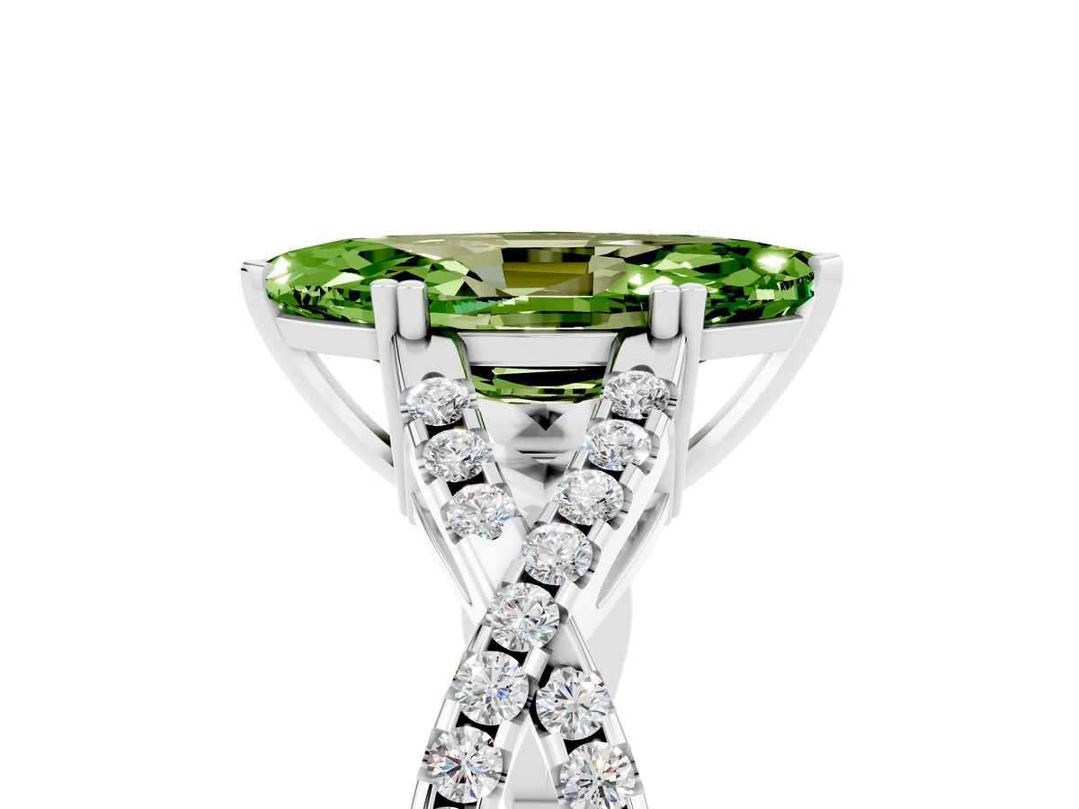 Marquise Cut Peridot Solitaire Ring in White gold with Interwoven Pavé Band and Prong Setting_5