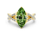 Marquise Cut Peridot Solitaire Ring in Yellow gold with Interwoven Pavé Band and Prong Setting