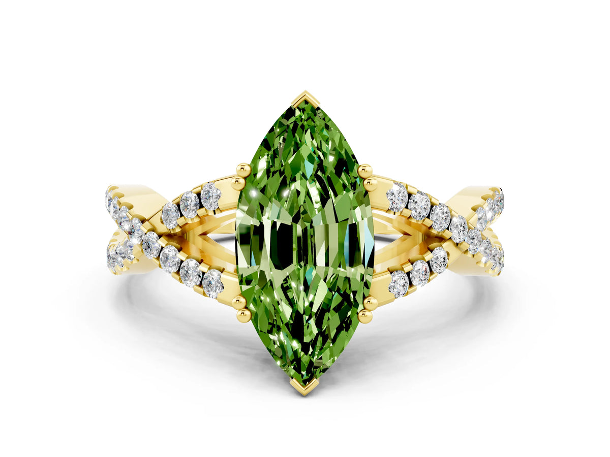 Marquise Cut Peridot Solitaire Ring in Yellow gold with Interwoven Pavé Band and Prong Setting