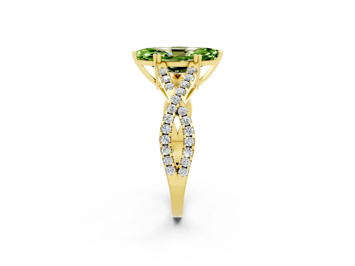 Marquise Cut Peridot Solitaire Ring in Yellow gold with Interwoven Pavé Band and Prong Setting_2