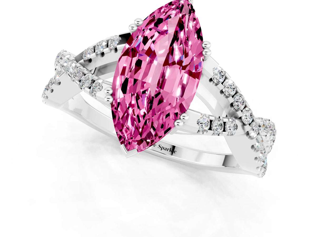 Marquise Cut Pink Sapphire Solitaire Ring in Platinum with Interwoven Pavé Band and Prong Setting_7
