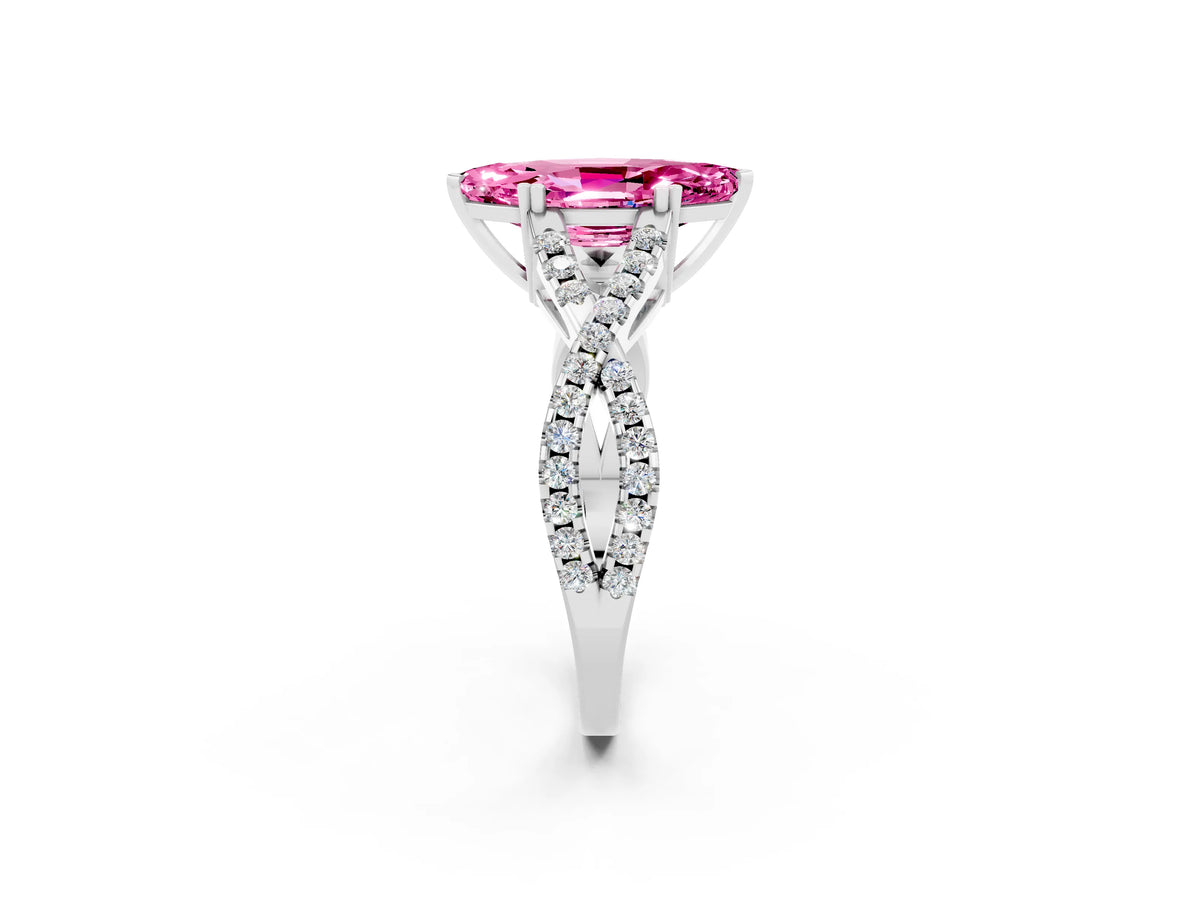 Marquise Cut Pink Sapphire Solitaire Ring in Platinum with Interwoven Pavé Band and Prong Setting_8