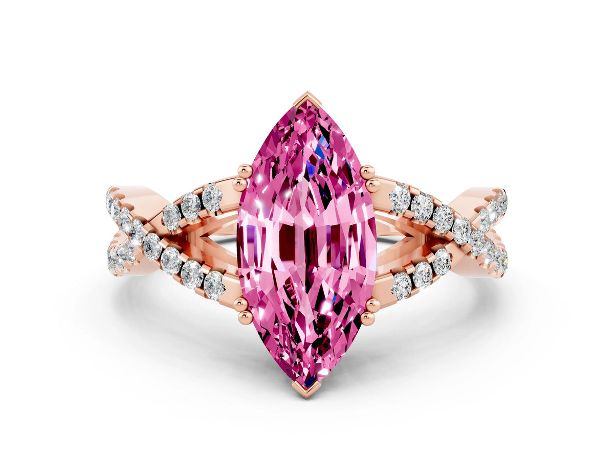 Marquise Cut Pink Sapphire Solitaire Ring in Rose gold with Interwoven Pavé Band and Prong Setting