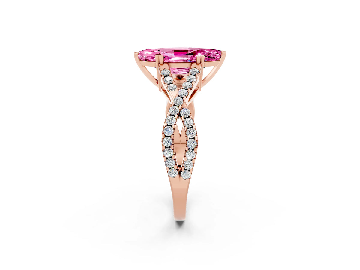Marquise Cut Pink Sapphire Solitaire Ring in Rose gold with Interwoven Pavé Band and Prong Setting_2