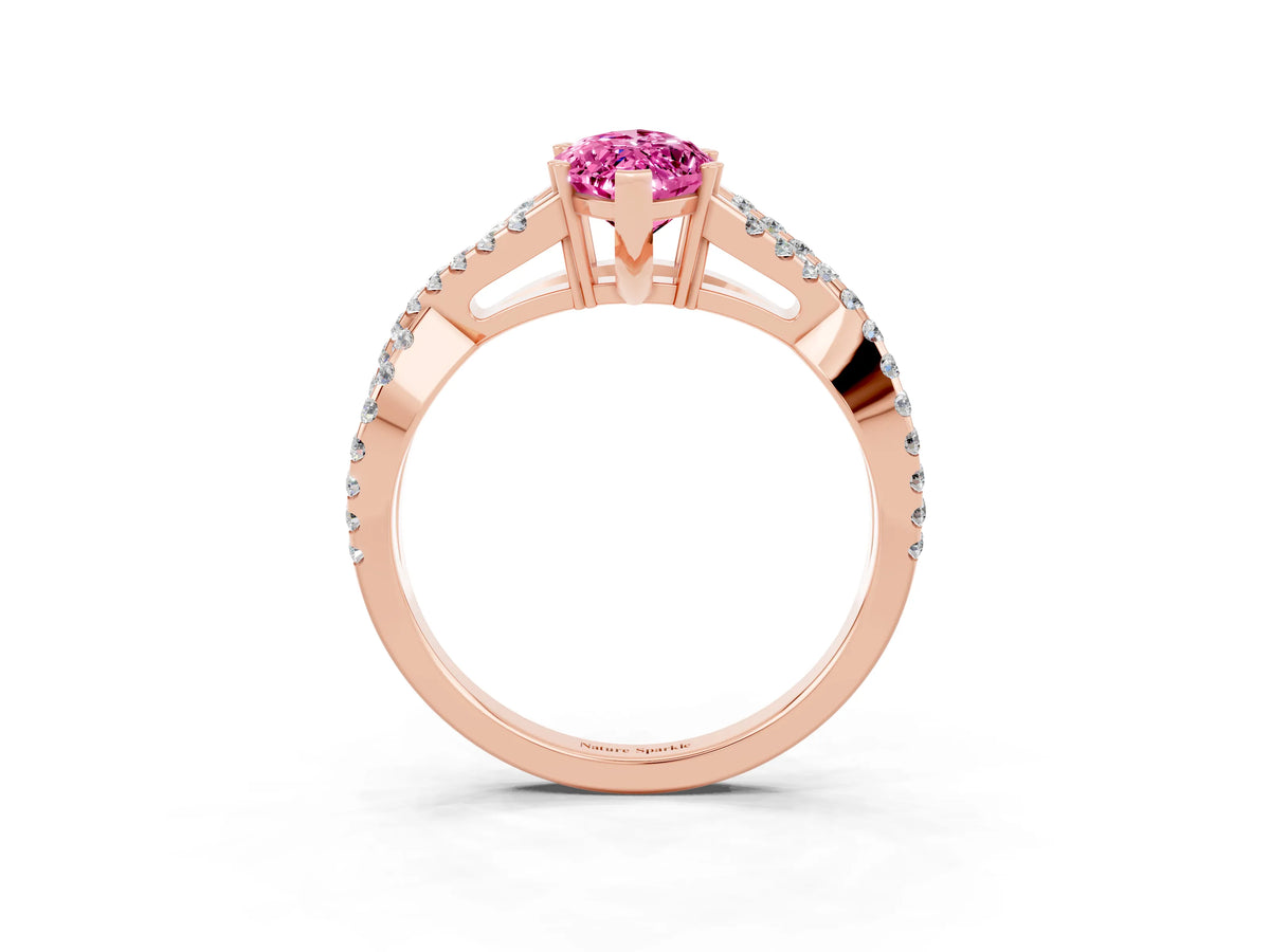 Marquise Cut Pink Sapphire Solitaire Ring in Rose gold with Interwoven Pavé Band and Prong Setting_3