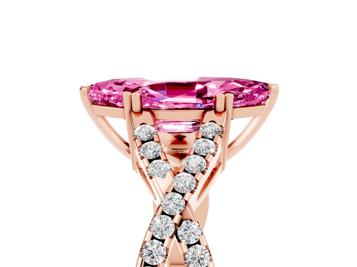 Marquise Cut Pink Sapphire Solitaire Ring in Rose gold with Interwoven Pavé Band and Prong Setting_5