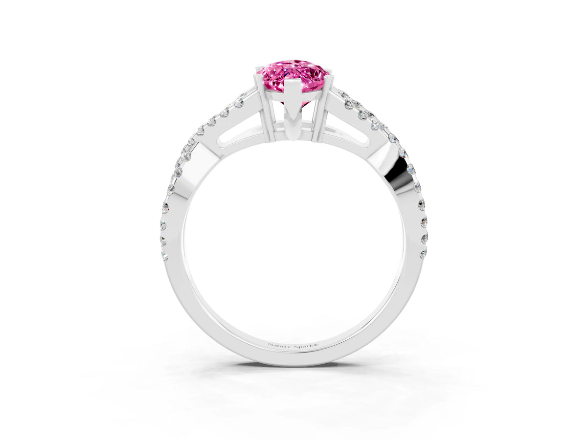 Marquise Cut Pink Sapphire Solitaire Ring in Silver with Interwoven Pavé Band and Prong Setting_9
