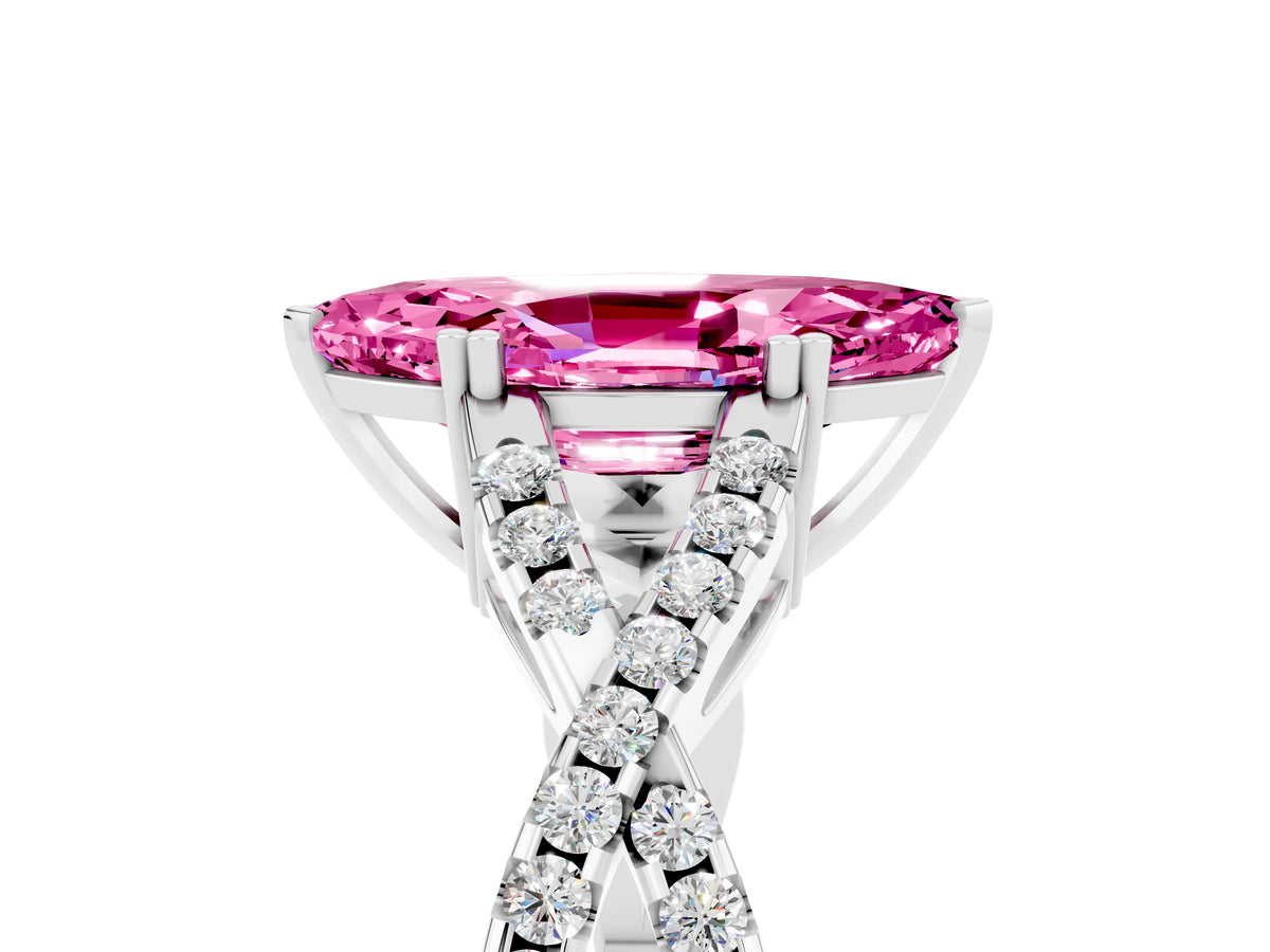 Marquise Cut Pink Sapphire Solitaire Ring in White gold with Interwoven Pavé Band and Prong Setting_5