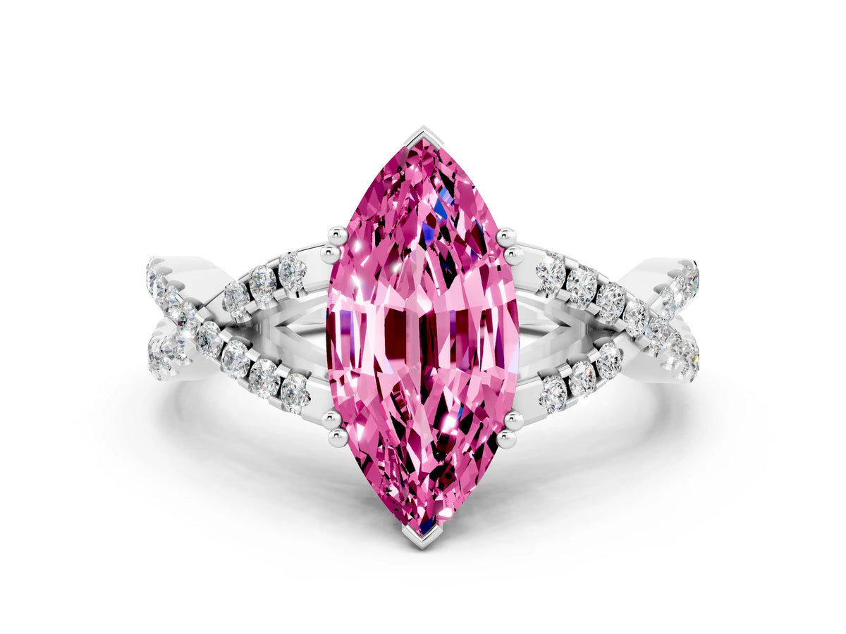 Marquise Cut Pink Sapphire Solitaire Ring in White gold with Interwoven Pavé Band and Prong Setting