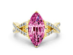 Marquise Cut Pink Sapphire Solitaire Ring in Yellow gold with Interwoven Pavé Band and Prong Setting