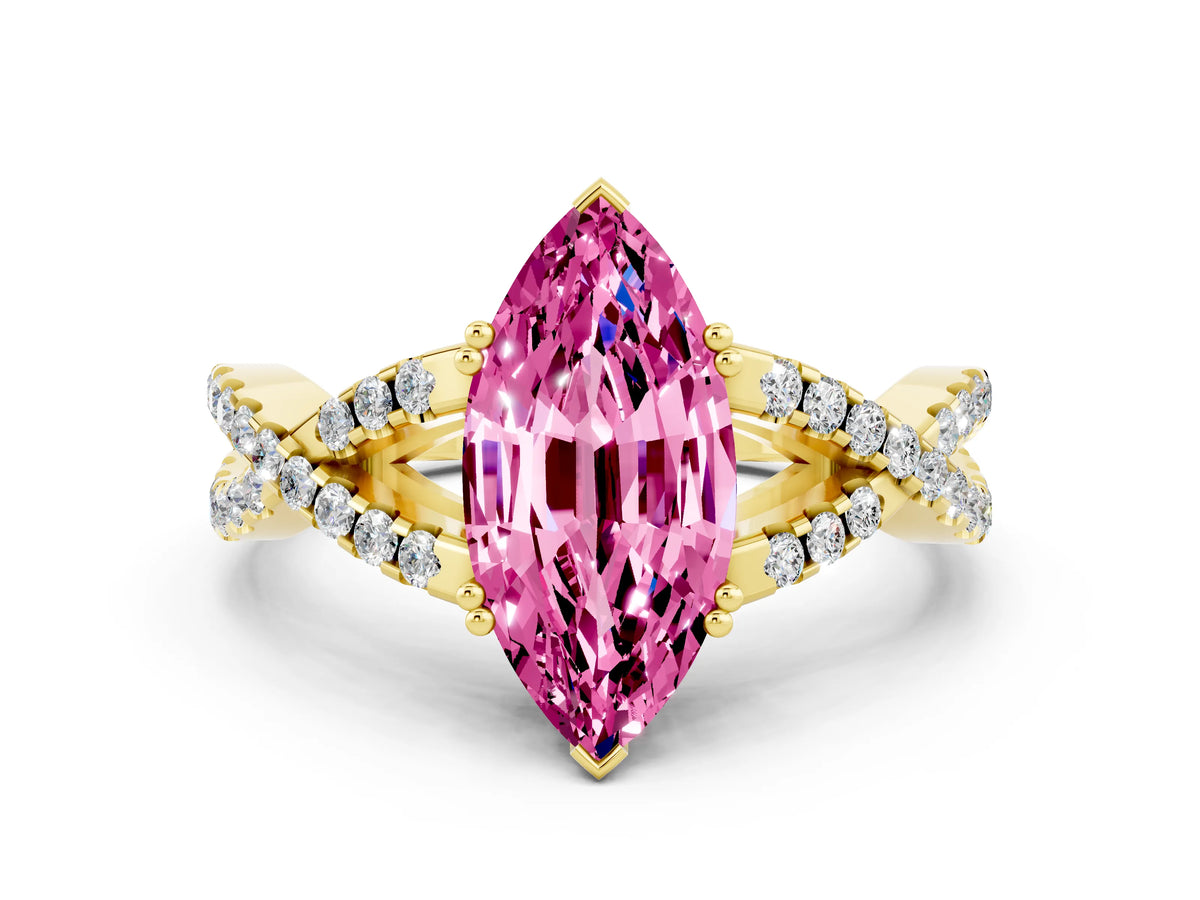 Marquise Cut Pink Sapphire Solitaire Ring in Yellow gold with Interwoven Pavé Band and Prong Setting