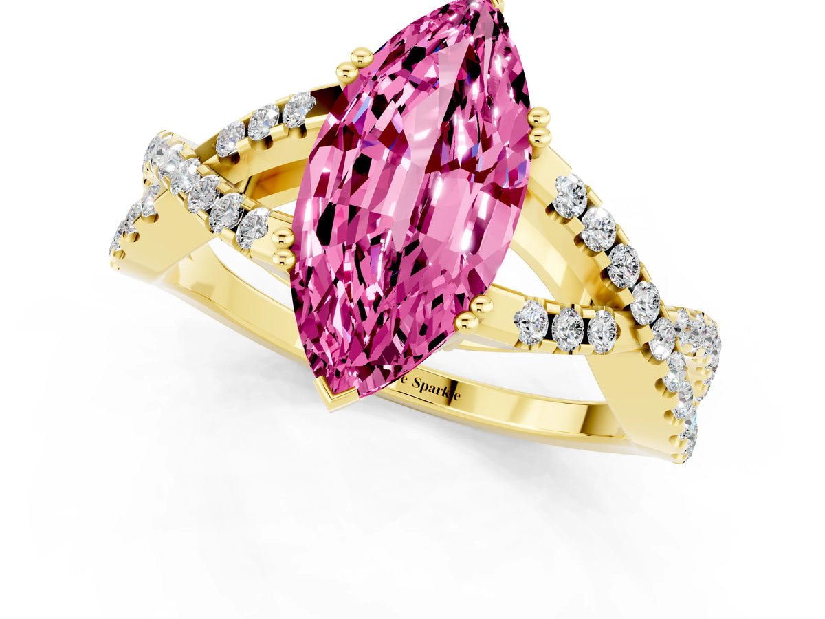 Marquise Cut Pink Sapphire Solitaire Ring in Yellow gold with Interwoven Pavé Band and Prong Setting_1