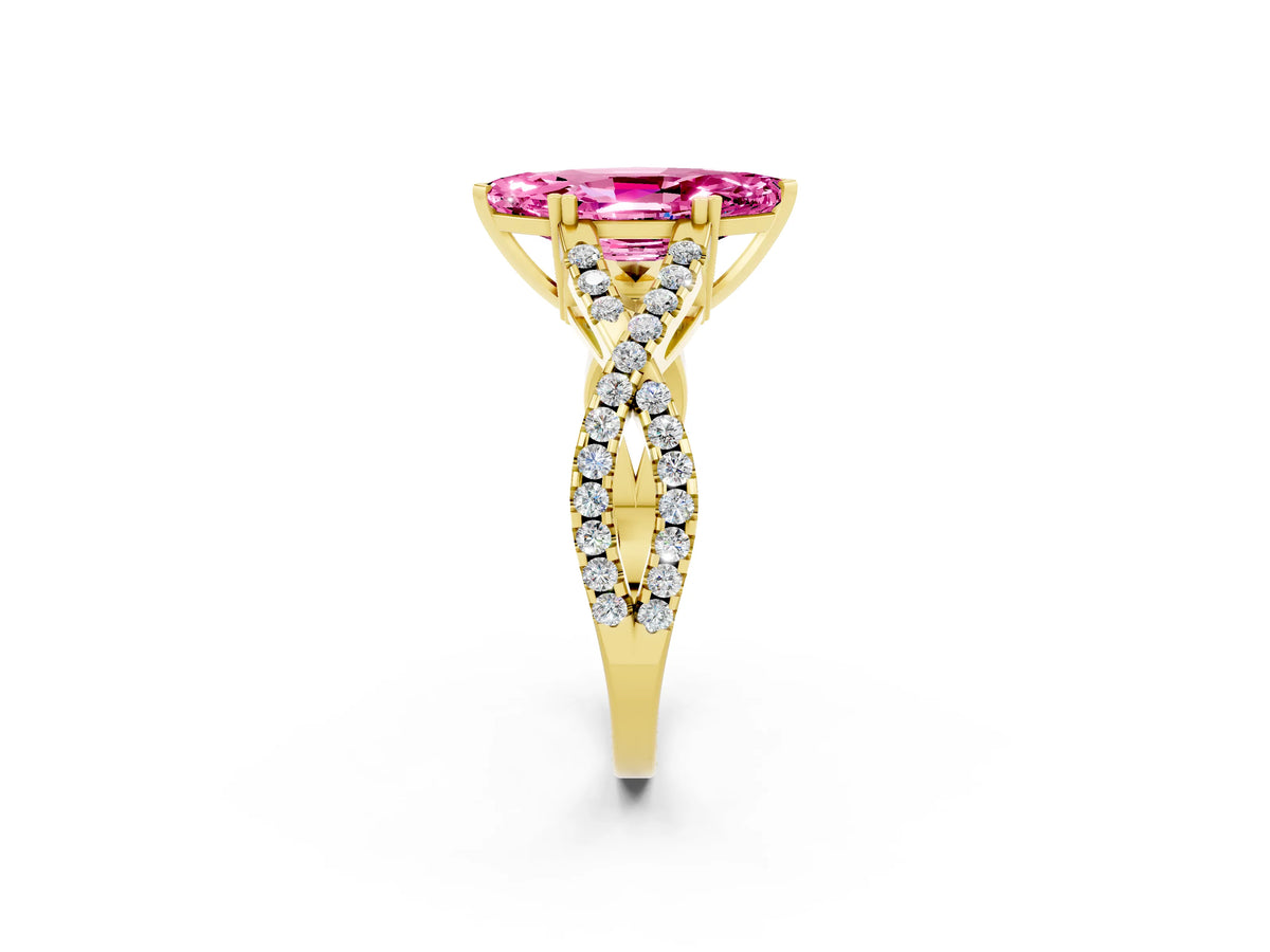 Marquise Cut Pink Sapphire Solitaire Ring in Yellow gold with Interwoven Pavé Band and Prong Setting_2