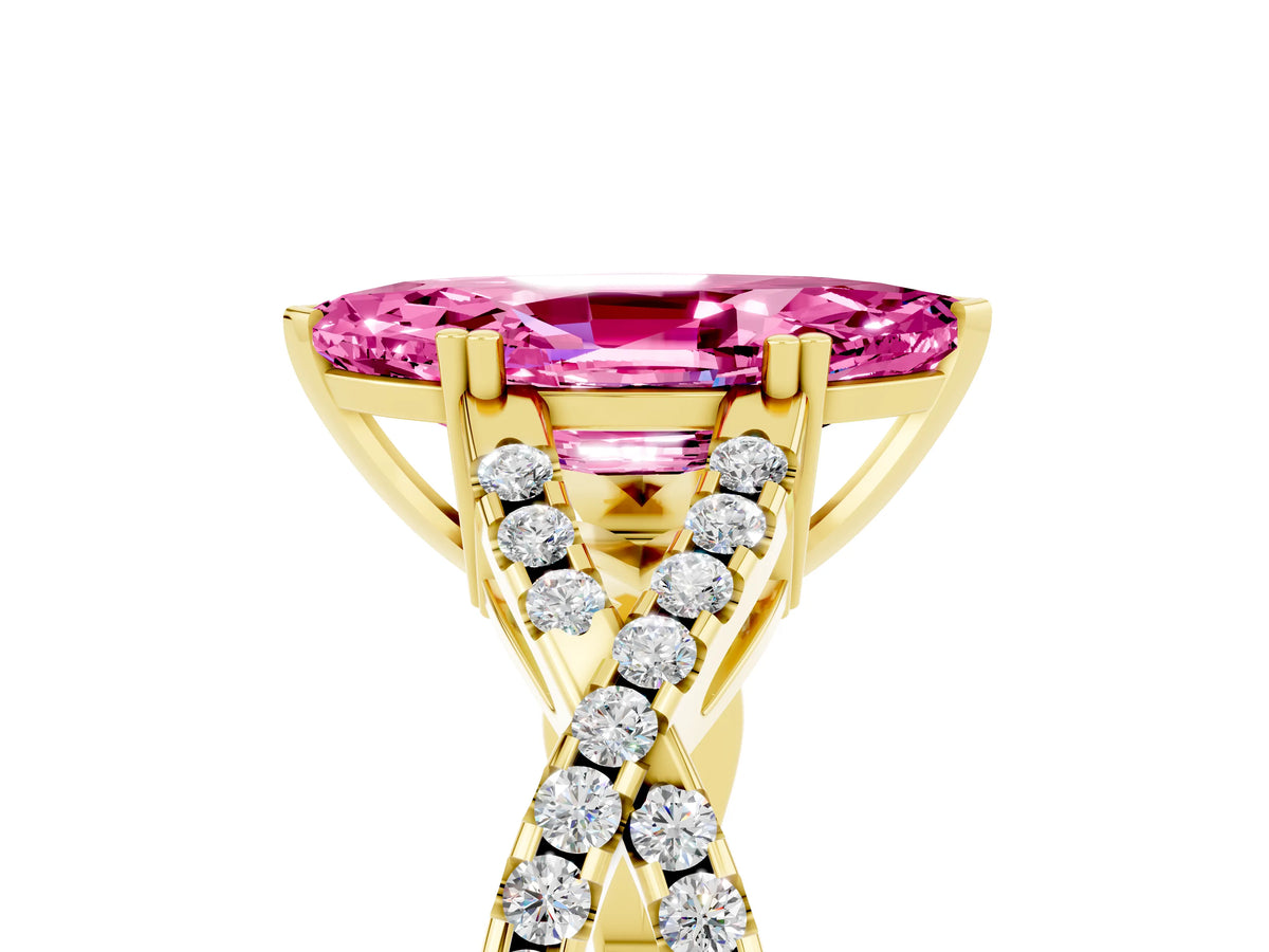 Marquise Cut Pink Sapphire Solitaire Ring in Yellow gold with Interwoven Pavé Band and Prong Setting_5