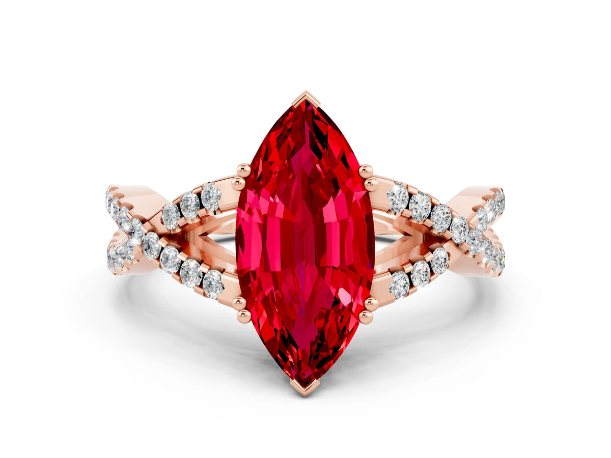 Marquise Cut Ruby Solitaire Ring in Rose gold with Interwoven Pavé Band and Prong Setting