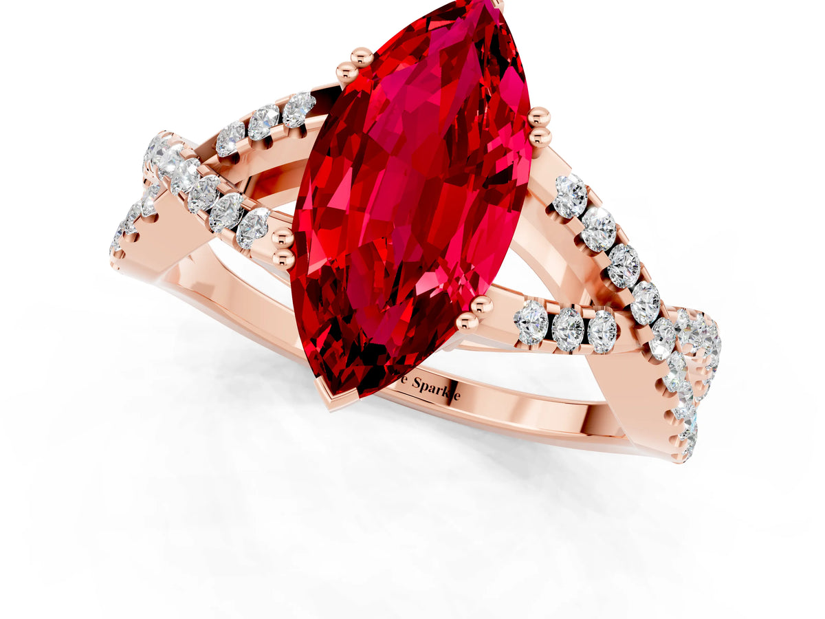 Marquise Cut Ruby Solitaire Ring in Rose gold with Interwoven Pavé Band and Prong Setting_1