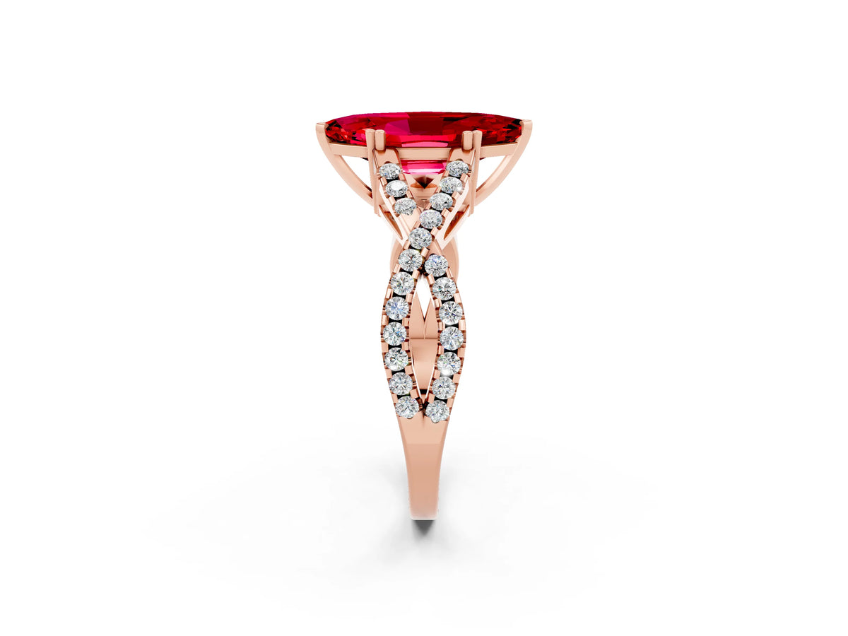 Marquise Cut Ruby Solitaire Ring in Rose gold with Interwoven Pavé Band and Prong Setting_2