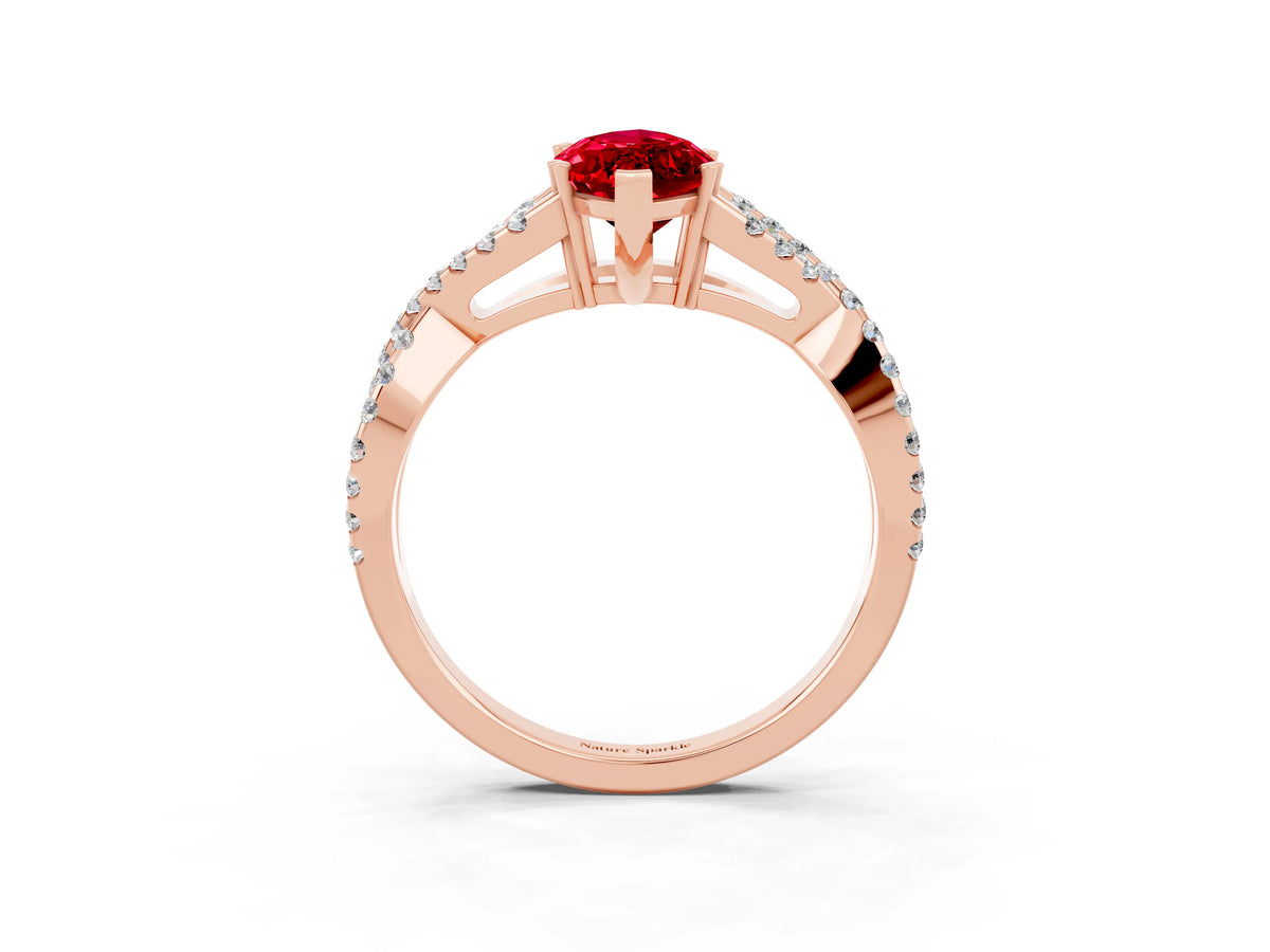 Marquise Cut Ruby Solitaire Ring in Rose gold with Interwoven Pavé Band and Prong Setting_3