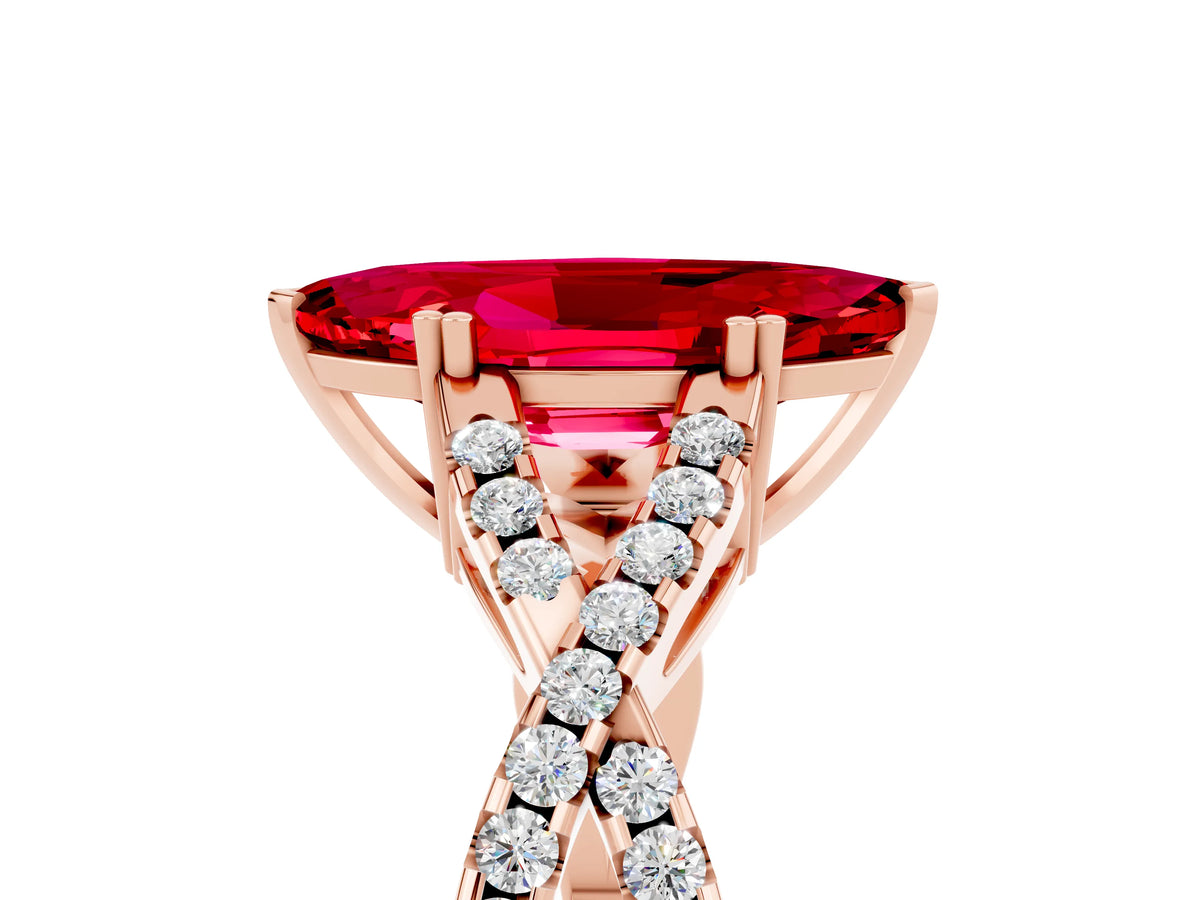 Marquise Cut Ruby Solitaire Ring in Rose gold with Interwoven Pavé Band and Prong Setting_5