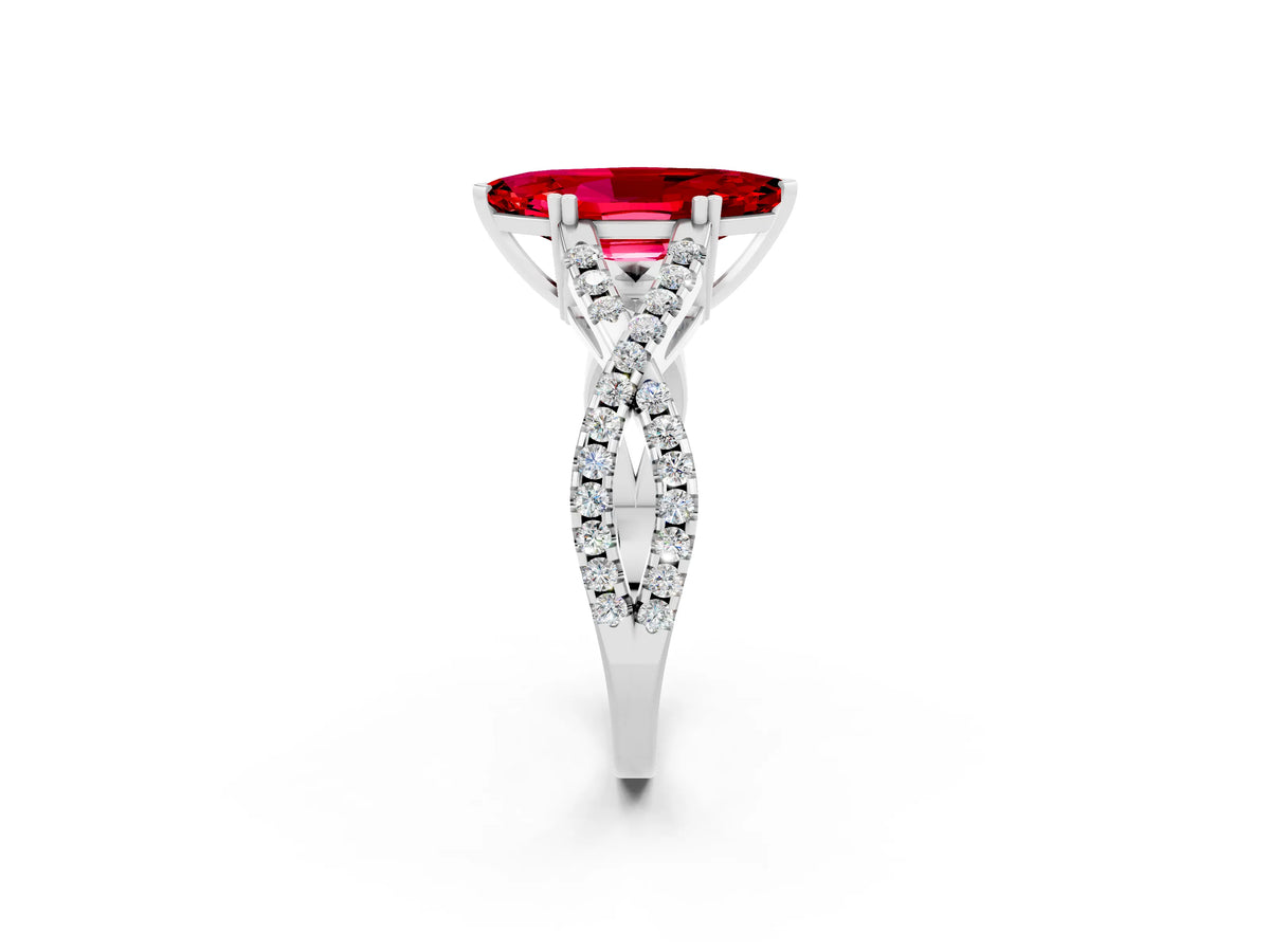 Marquise Cut Ruby Solitaire Ring in Silver with Interwoven Pavé Band and Prong Setting_8