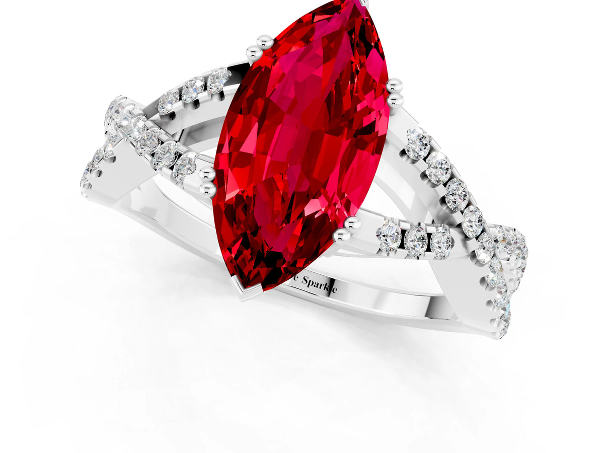 Marquise Cut Ruby Solitaire Ring in White gold with Interwoven Pavé Band and Prong Setting_1